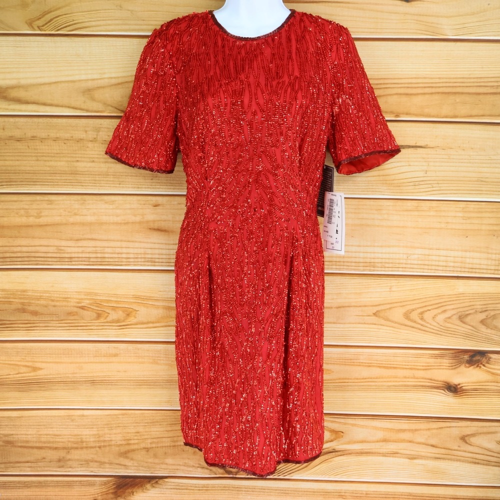 Stenay Dress Sequins Womens Size M Red Silk‎ Blend Lined Short Sleeves NWT $79